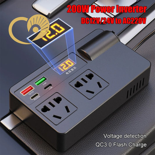 200W power inverter with digital display and multiple ports on a dark background