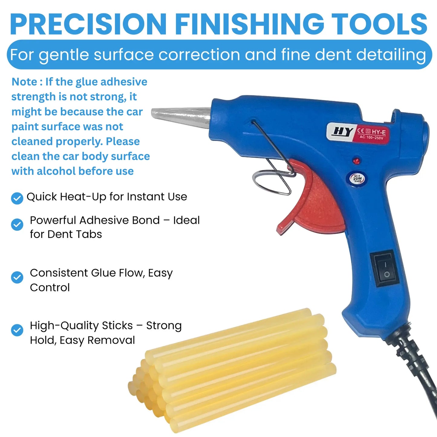 A blue and red hot glue gun with a metal tip, shown alongside several yellow hot glue sticks on a white background. The image includes marketing text and a small HY brand label on the tool.