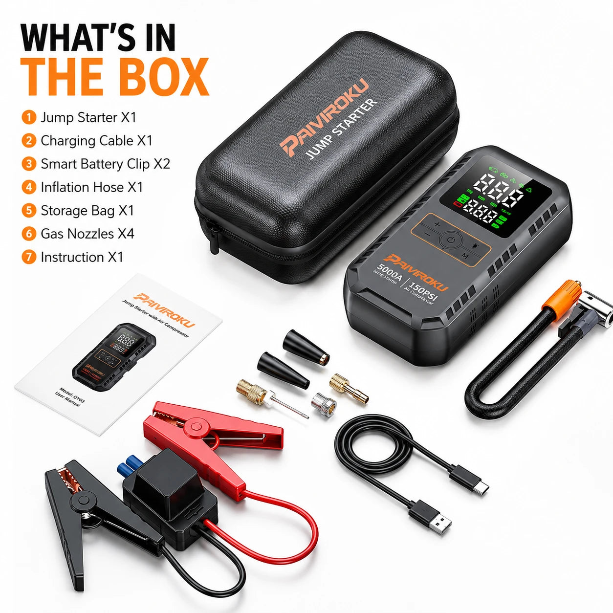 Autoxmatch Paiviroku 5000A 4-in-1 Car Jump Starter with Air Compressor