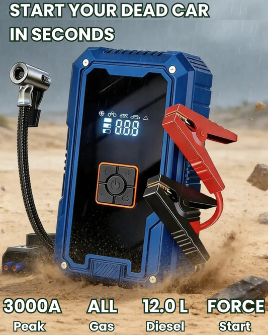 Blue jump starter with clamps on a desert background, text indicating its capabilities.