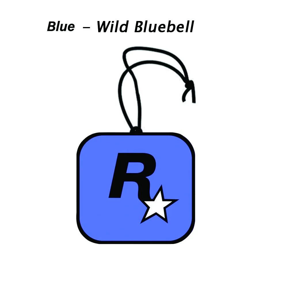 Blue square keychain with 'R' and star logo on a white background