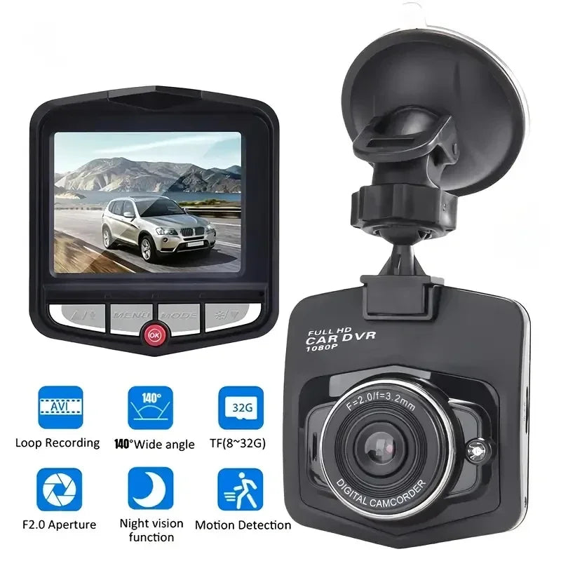 Car DVR with screen displaying a car on a road, mounted on a white background.