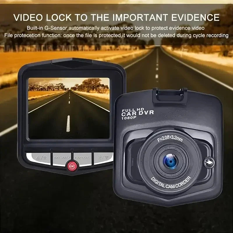Car DVR with screen displaying a road and text about video lock feature.