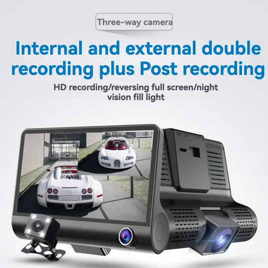 Car dashboard camera with dual screens and recording features on a white background