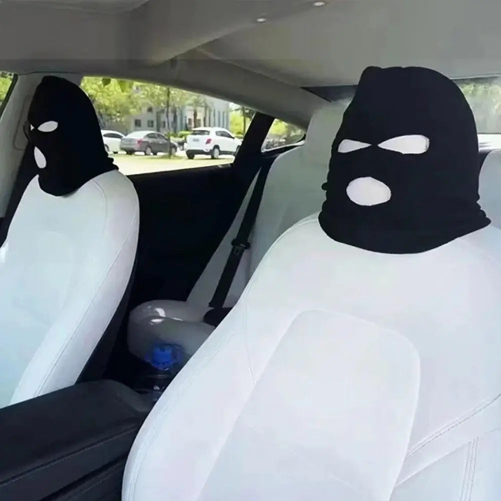 Car interior with black Car Seat Headrest Ski Mask Halloween Decor Cover