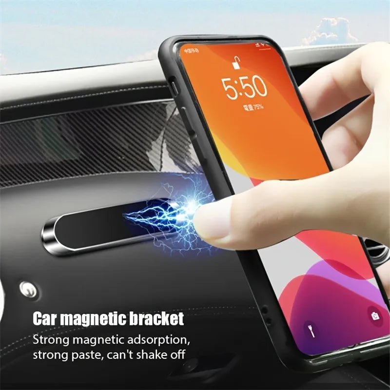 Car magnetic bracket holding a smartphone with a hand interacting, set against a car interior background.