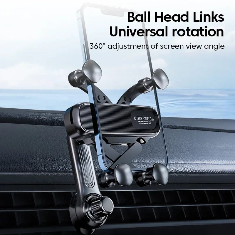 Car phone holder with ball head links and 360ยฐ adjustment on a car dashboard.