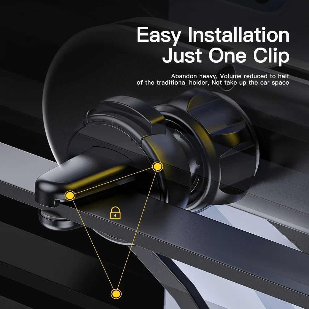 Car phone holder with text 'Easy Installation Just One Clip' on a dark background