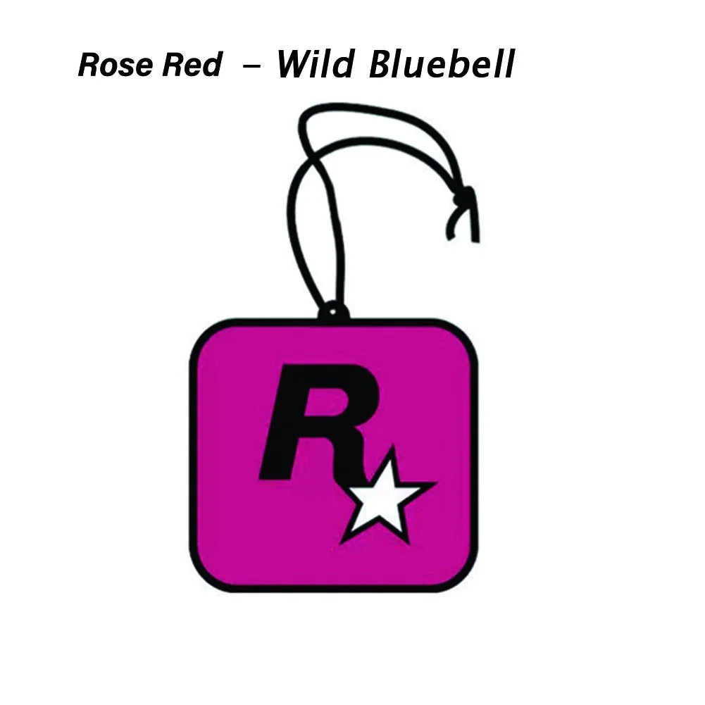 Pink square keychain with 'R' logo and star on a white background