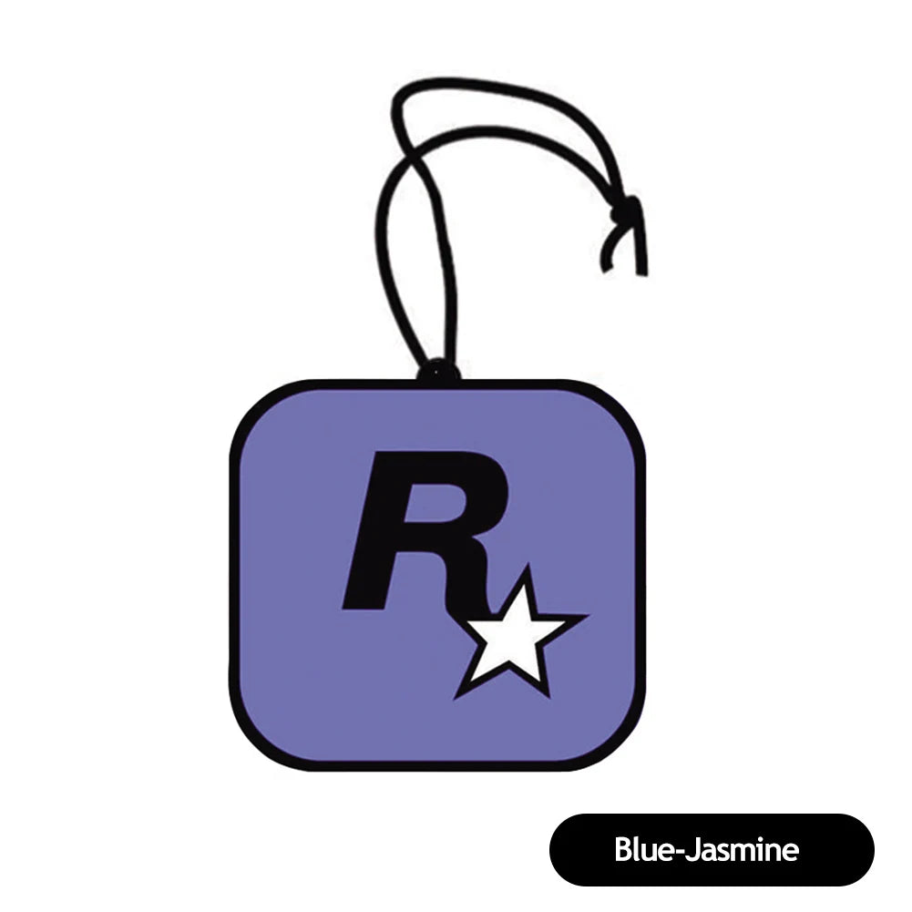 Purple square-shaped keychain with 'R' and star logo on a white background