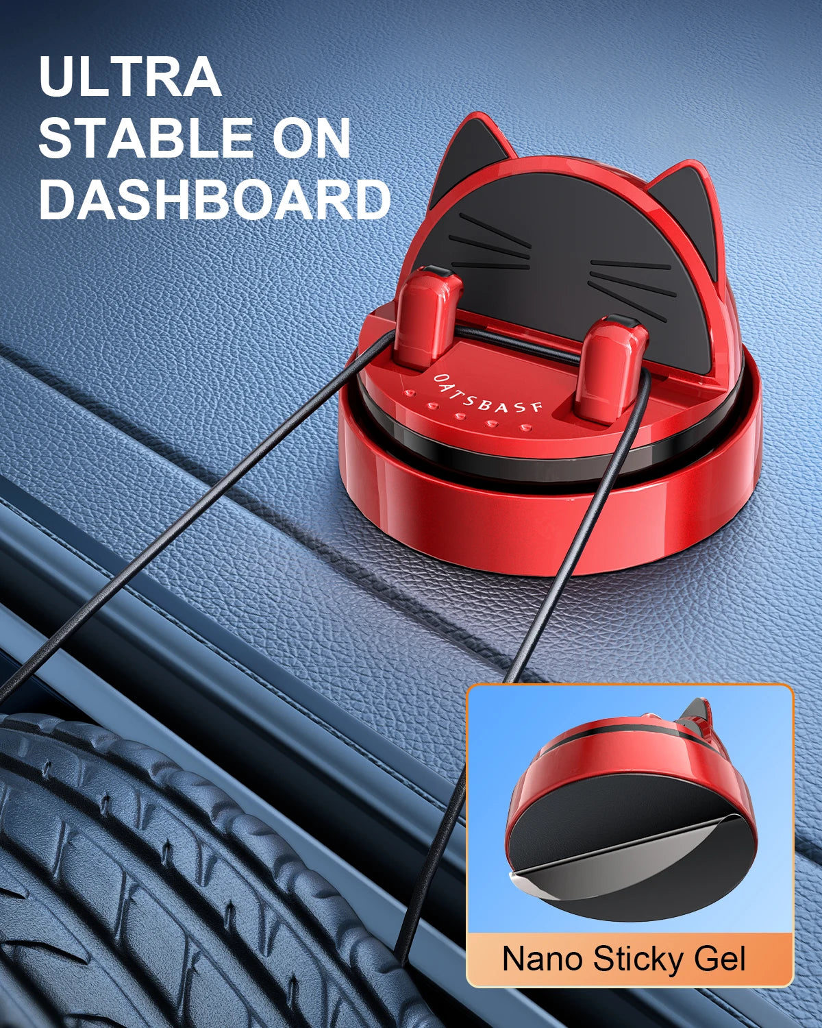 Red phone holder with cat design on a blue dashboard, featuring 'Nano Sticky Gel' technology.