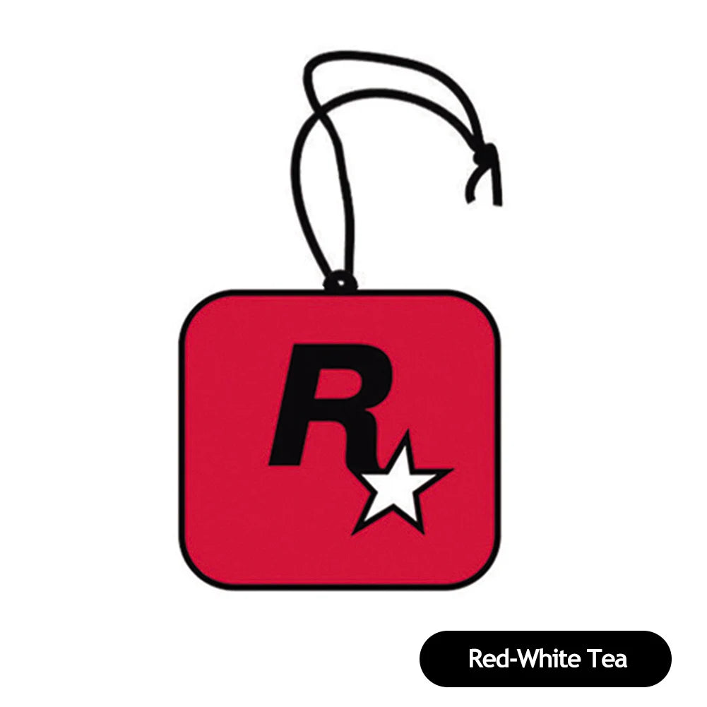 Red square keychain with black 'R' and white star on a white background