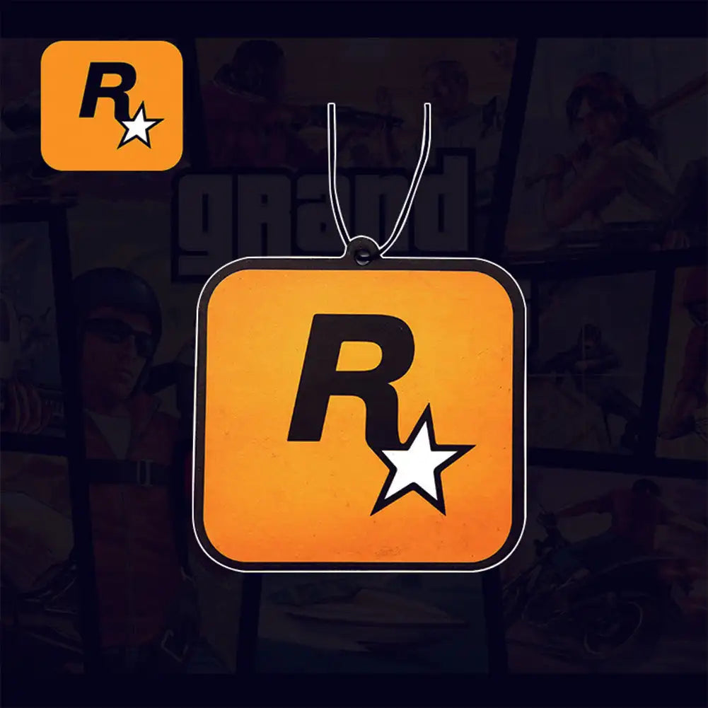 Rockstar Games logo on a square tag with a star, against a blurred background of people.
