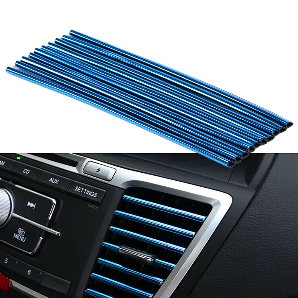 Set of blue car air vent decorative strips with a car interior background.