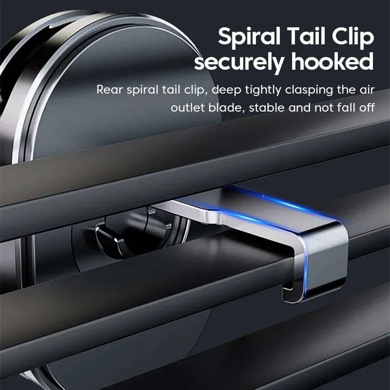 Spiral tail clip securely attached to a car air outlet with text highlighting its stability.