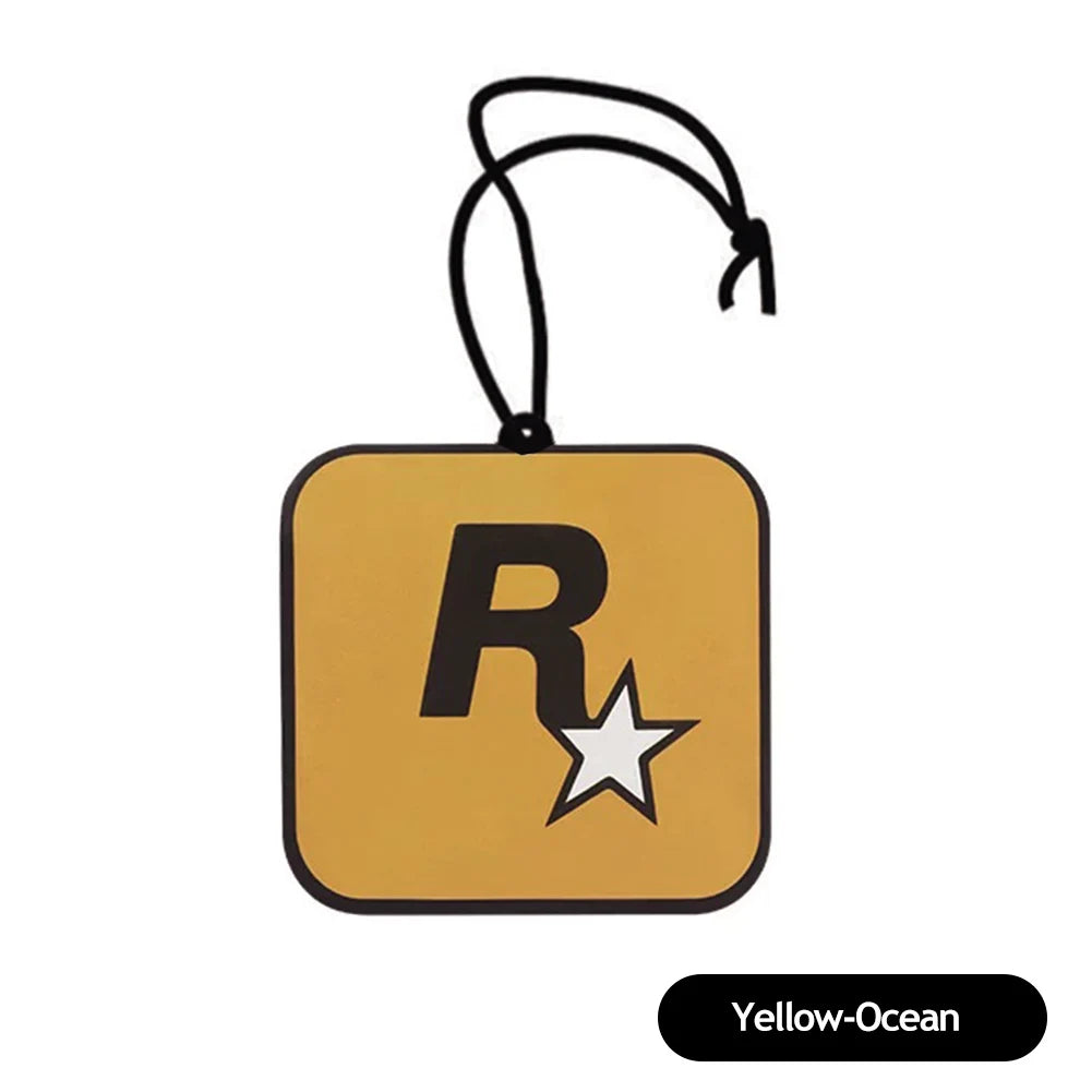 Square-shaped keychain with 'R' and star logo on a yellow background