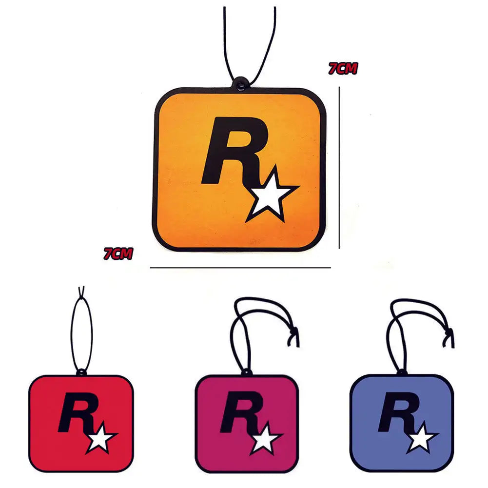 Square-shaped keychain with 'R' logo on a white background