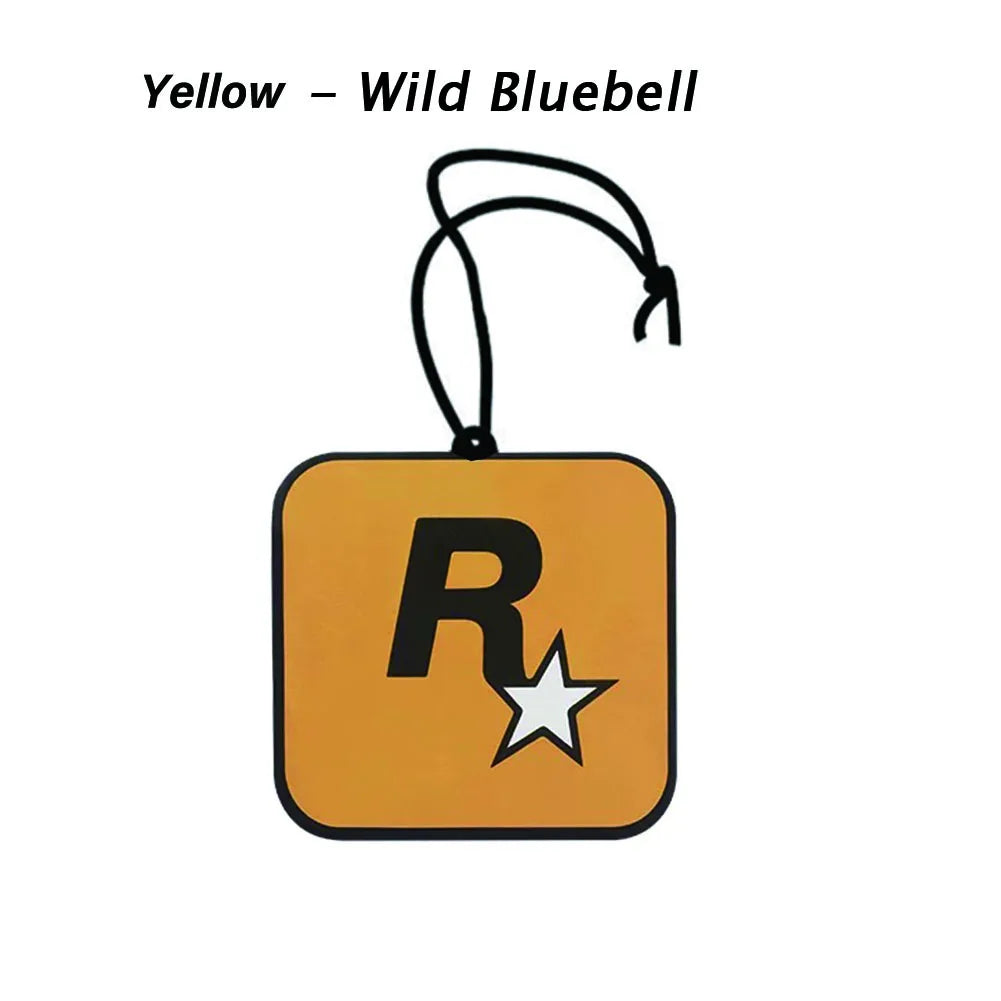 Square keychain with 'R' and star logo on a yellow