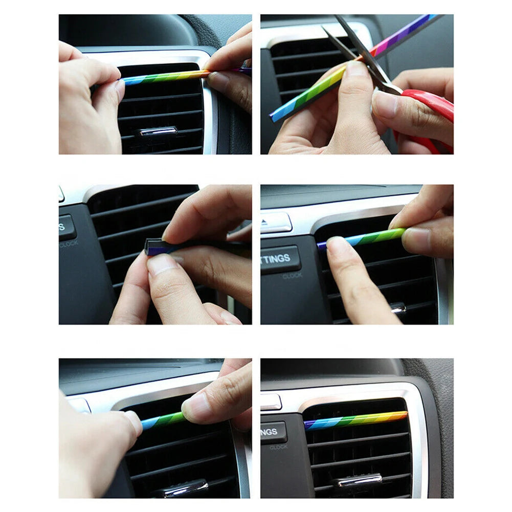 Step-by-step process of using a car air strip with close-up shots of hands and product.