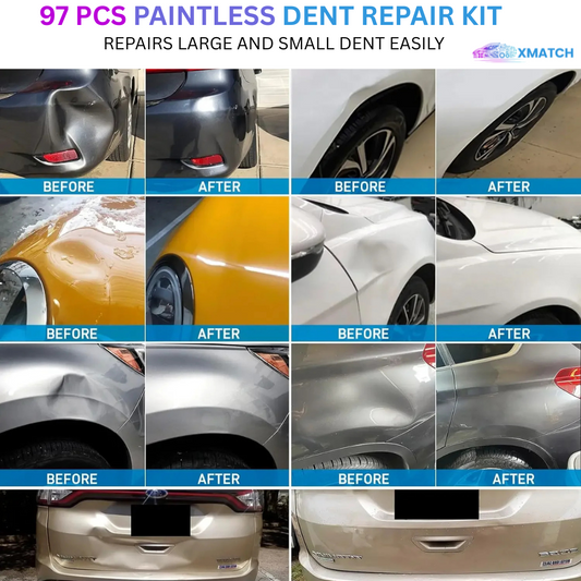 car dent repair before and after using a paintless dent repair kit.