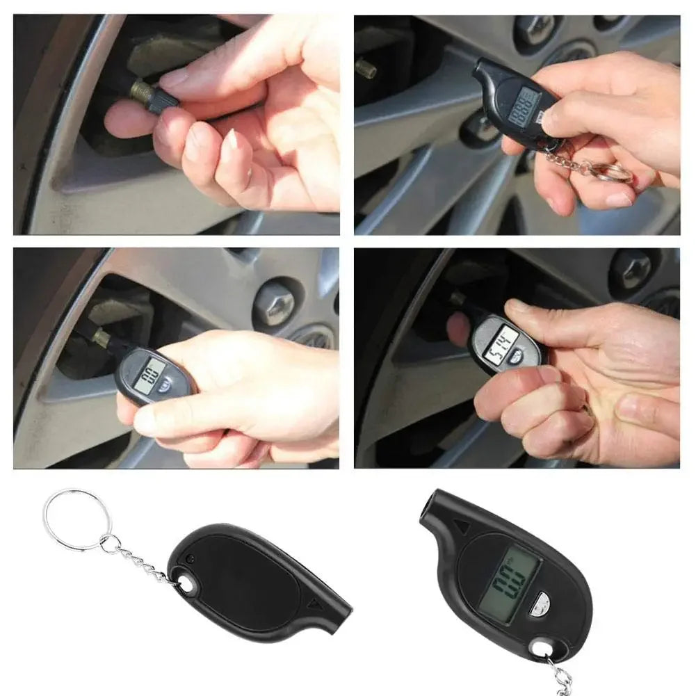 digital tire pressure monitor being used on a car tire.