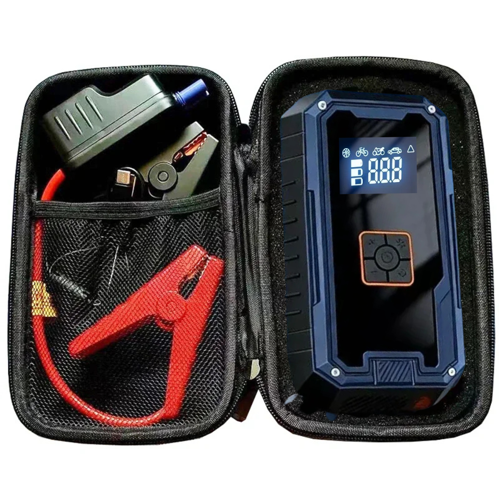 Blue jump starter with accessories on a desert background