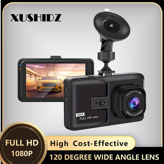 Car dashboard camera with screen displaying a car, branded 'XUSHIDZ', featuring full HD 1080P and wide-angle lens.