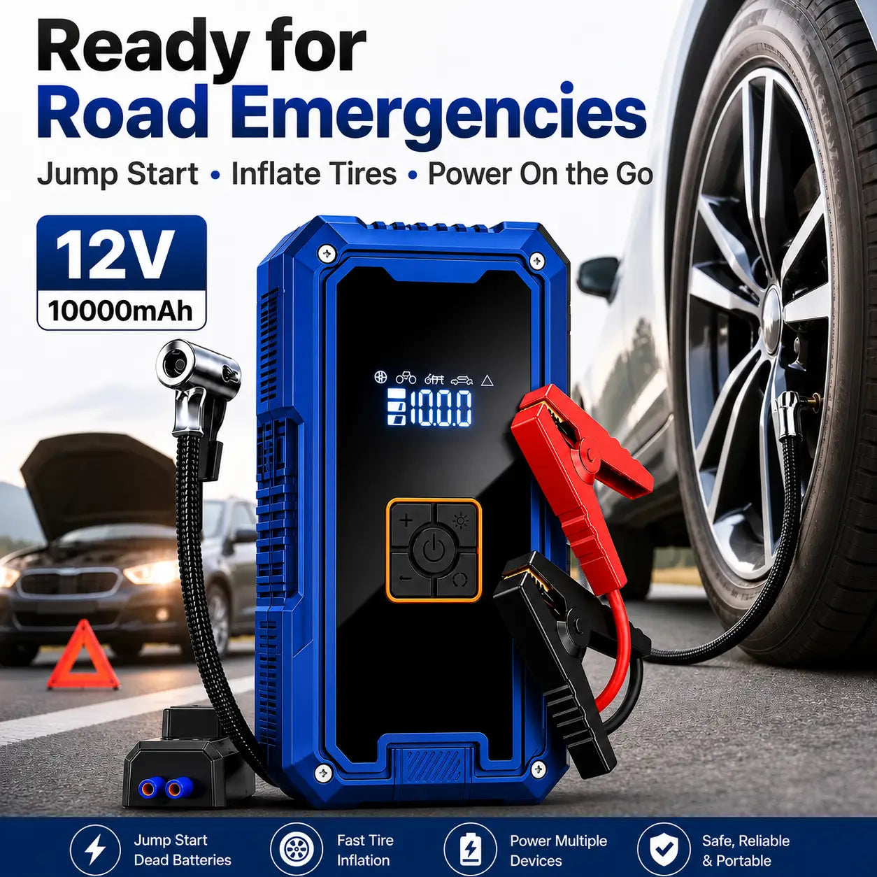 Stranded on the road?
4-in-1 Portable Jump Starter:
• Jump-start your car
• Inflate tires
• Charge devices
• Light the way