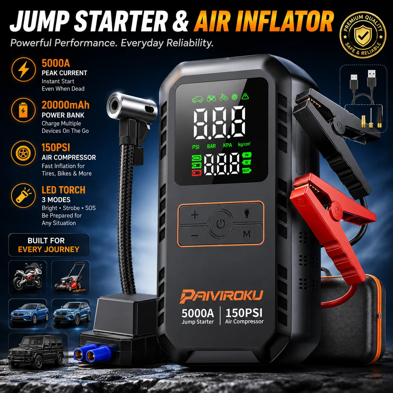 A black PAIROKU jump starter and air inflator combo with red clamps, shown on a dark blue promotional background with feature callouts, icons, and small vehicle illustrations.