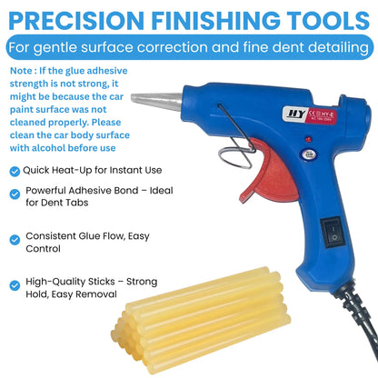 A blue and red hot glue gun with a metal tip, shown alongside several yellow hot glue sticks on a white background. The image includes marketing text and a small HY brand label on the tool.