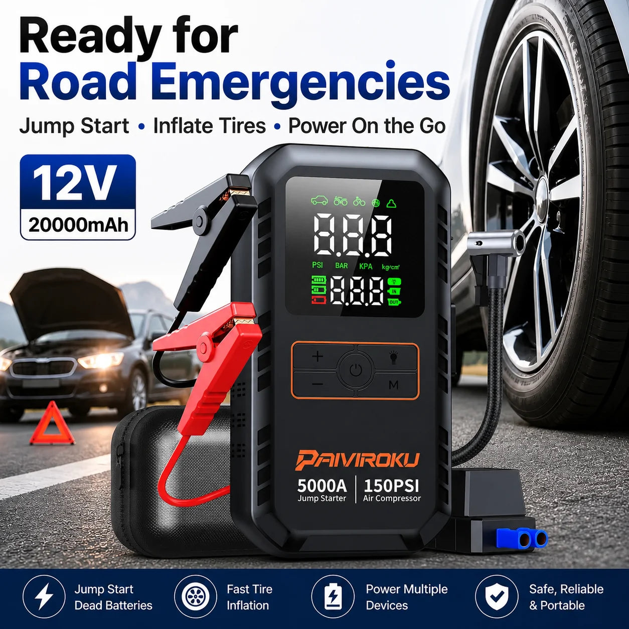 A digital 12V portable jump starter and tire inflator shown on a road with a car wheel and an open car door in the background. The device has a black body with a large LCD display, red and black clamps, and orange branding text reading PAVIROKU.