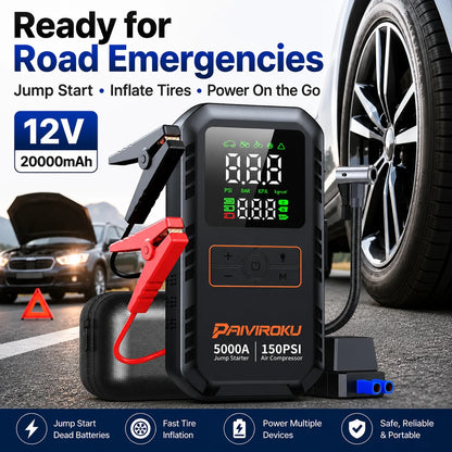 A digital 12V portable jump starter and tire inflator shown on a road with a car wheel and an open car door in the background. The device has a black body with a large LCD display, red and black clamps, and orange branding text reading PAVIROKU.