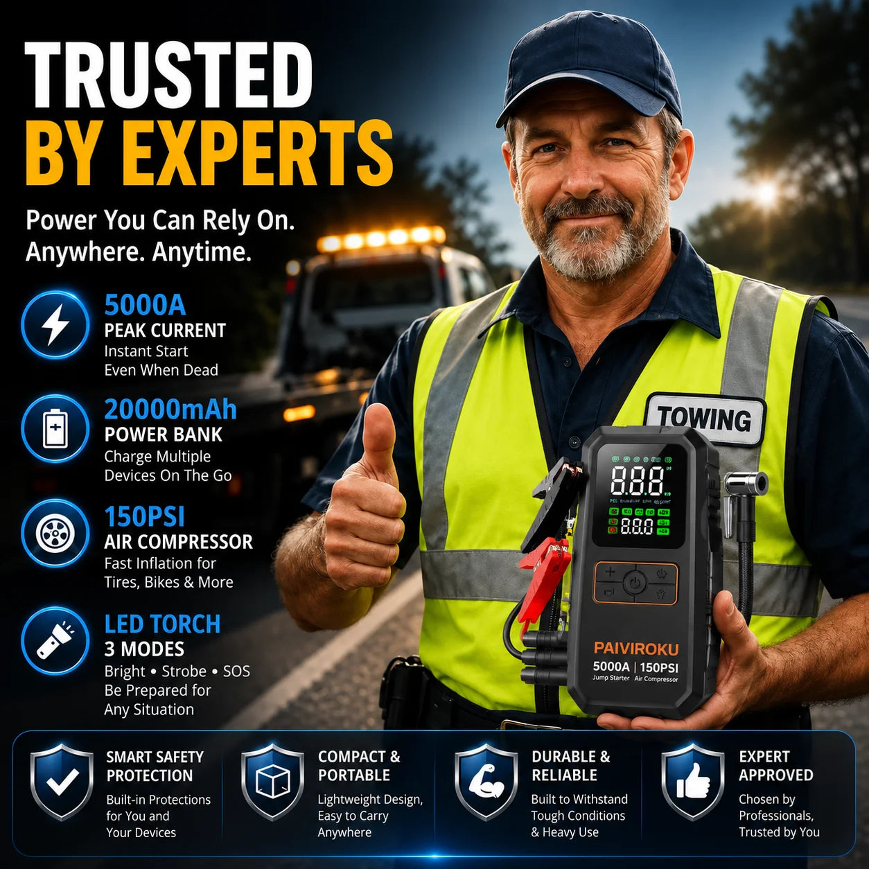 A man in a high-visibility safety vest and cap holds a PAVIROKU 5000A portable power bank and LED air compressor in front of a blurred tow truck at night. The image features marketing text overlays on the left and bottom, highlighting product features and safety benefits.