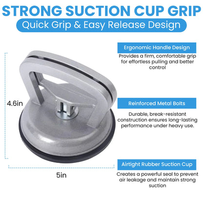 A silver and black suction cup with text callouts explaining its features, including ergonomic handle design, reinforced metal bolts, and airtight rubber suction cup, on a white background.