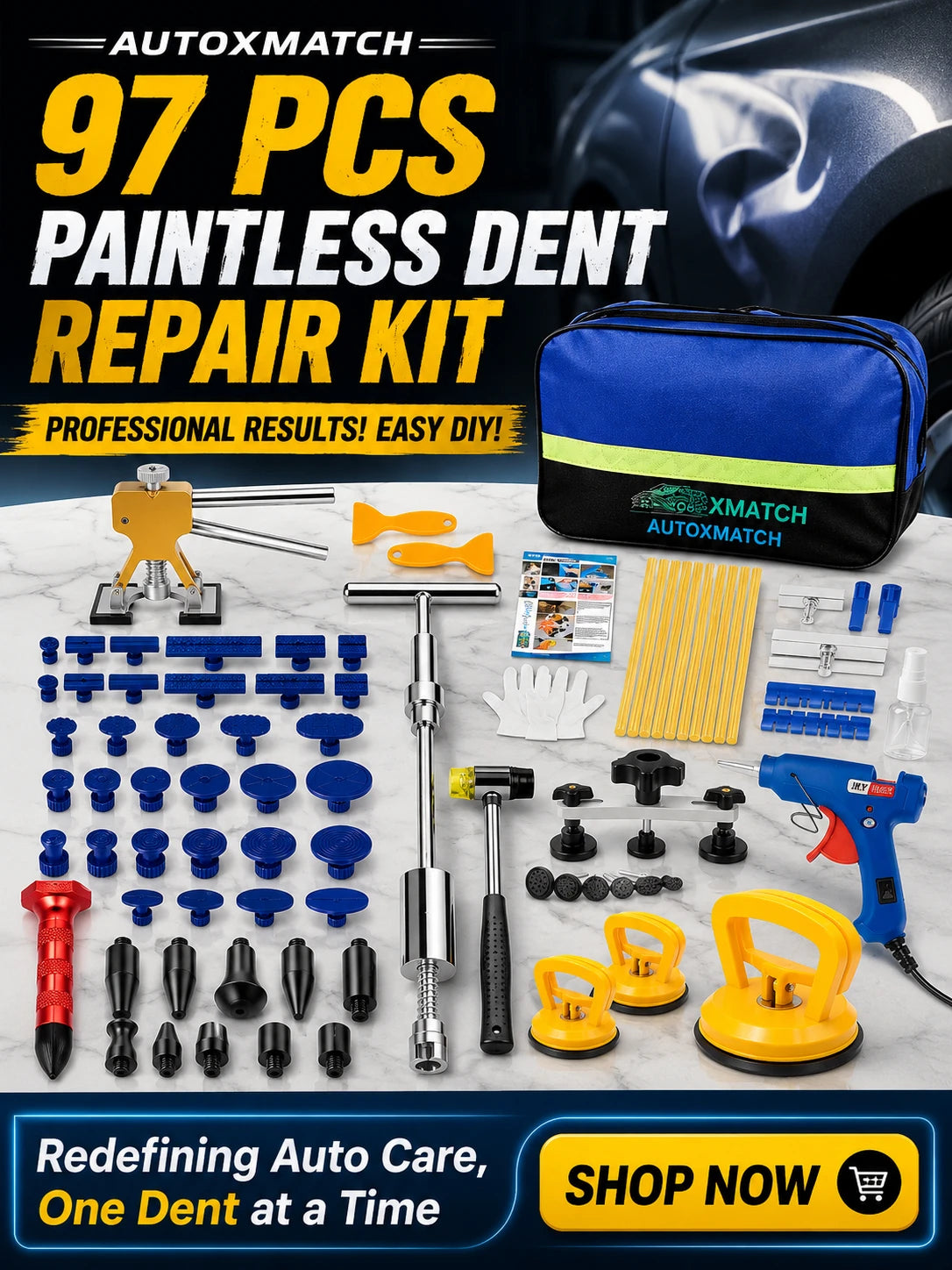 Autoxmatch 97-piece paintless dent repair kit displayed as a product bundle on a white surface, featuring a blue carrying case, suction cups, pegs, tools, and accessories, with promotional text and a car background.