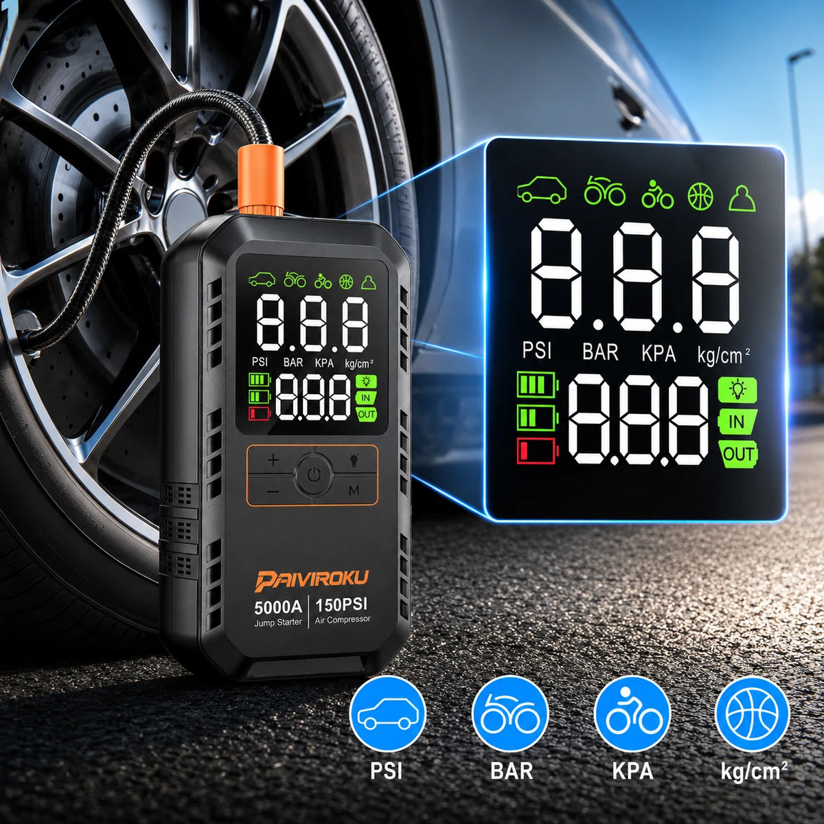 Autoxmatch Paiviroku 5000A 4-in-1 Car Jump Starter with Air Compressor