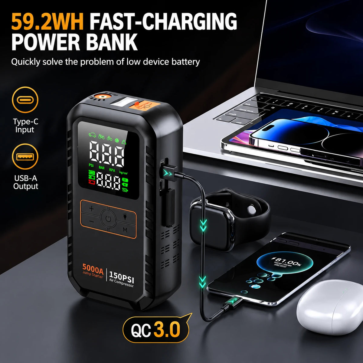 Autoxmatch Paiviroku 5000A 4-in-1 Car Jump Starter with Air Compressor