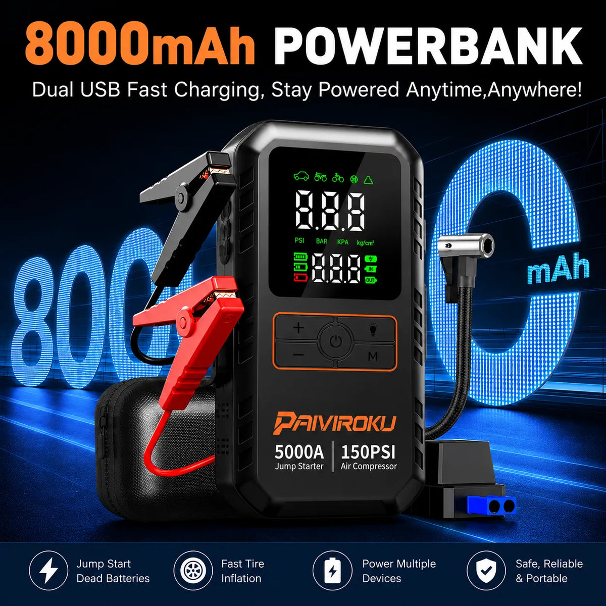 Autoxmatch Paiviroku 5000A 4-in-1 Car Jump Starter with Air Compressor