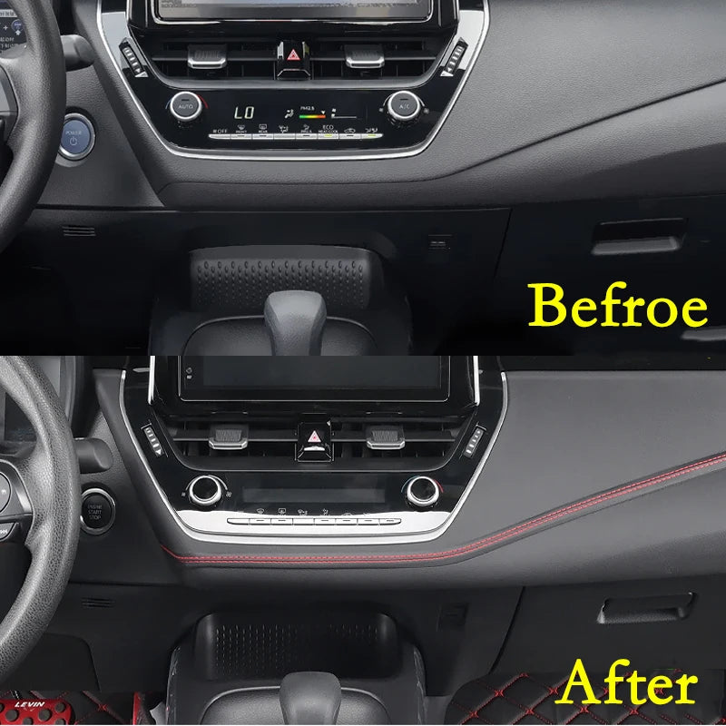 Before and after comparison of a car dashboard with red accent trim.