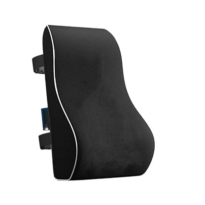 Black car seat cushion with a white border on a white background