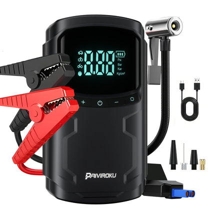 Black digital portable jump starter battery with red and black clamps, a black air compressor hose, USB charging cable, and nozzles on a white background. The brand name 'DAVIROKU' is visible on the front.