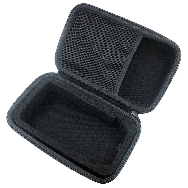 Black hard-shell carrying case with open lid on a white background