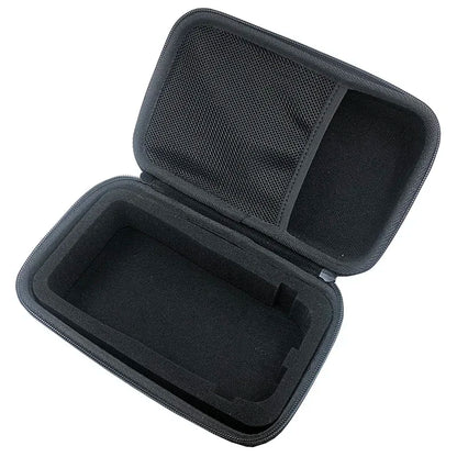 Black hard-shell carrying case with open lid on a white background