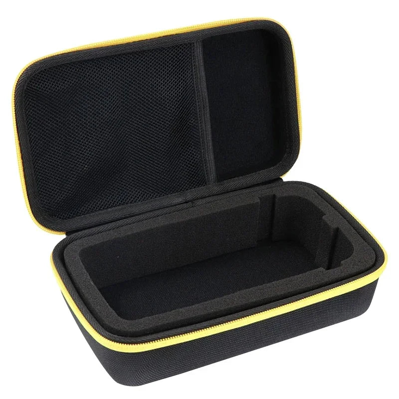 Black hard-shell carrying case with yellow trim on a white background