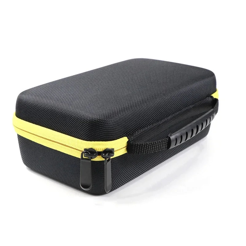 Black hard-shell carrying case with yellow zipper on a white background