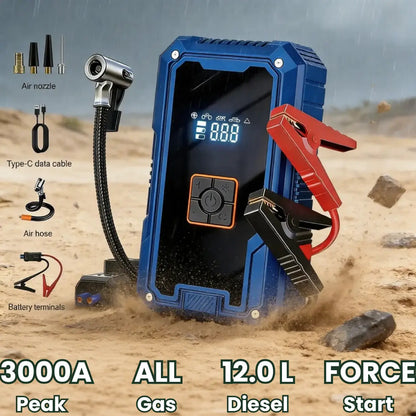 Blue jump starter with accessories on a desert background