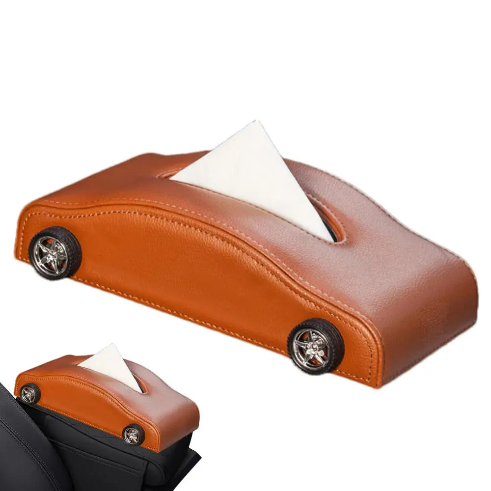 Brown leather car tissue holder 