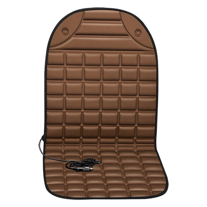 Brown quilted car seat cover with a power cord on a white background