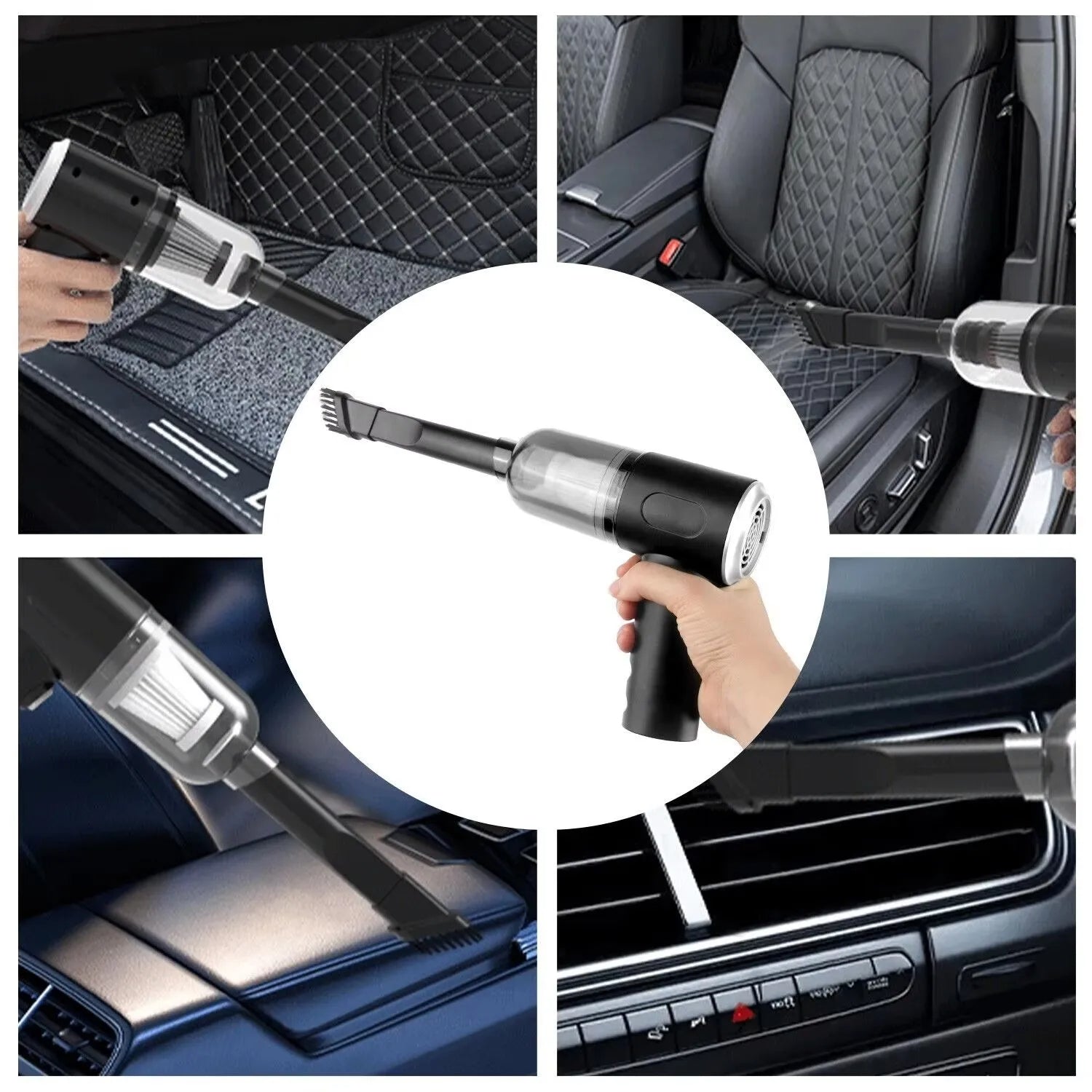 Car cleaning tool being used on car seats and dashboard.