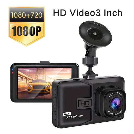 Car dashboard camera with screen displaying a car and text '1080P HD Video 3 Inch' on a white background.